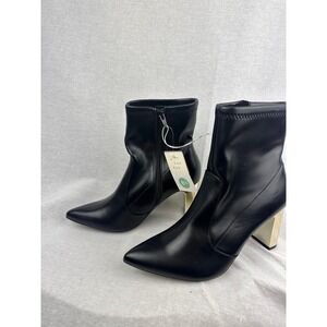 A New Day Womens Black Pointed Toe Ankle Boots Gold Block Heel Size 8.5 NEW
